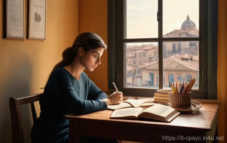 임상심리사 시험 합격률 - **Prompt 1: Focused Study Session with Italian Flair**
    "A wide shot of a young Italian woman in ...