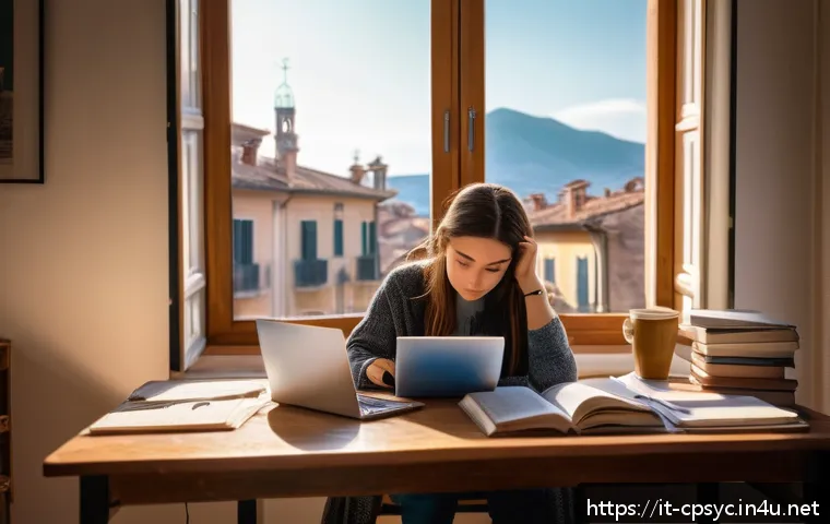 임상심리사 자격증 시험 난이도 - A focused Italian psychology student studying at a wooden desk in a cozy, sunlit room, surrounded by...