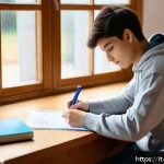 임상심리사 국가시험 시험장 준비물 - A young Italian student preparing for an important exam, dressed comfortably in casual layered cloth...