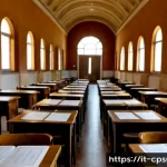임상심리사 국가자격시험 문제 유형 - Photorealistic Italian clinical psychology licensing examination hall, wide-angle view of adult cand...